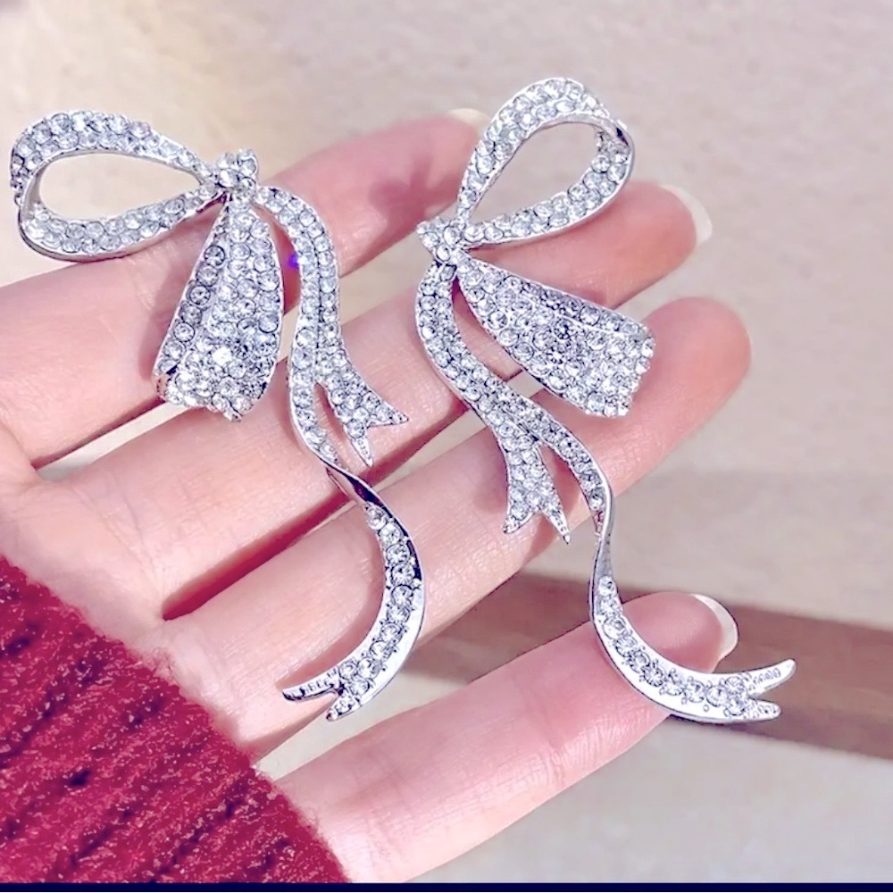 Big Bow Silver & Crystal Diamond Stunners - Bold Statement earrings